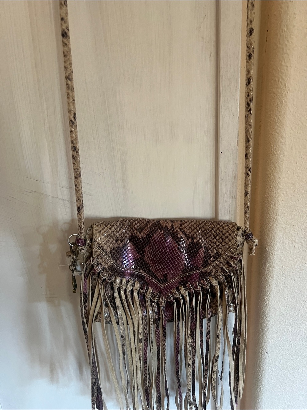 Fringed Snake-Print Crossbody Bag in Metallic Plum and Taupe